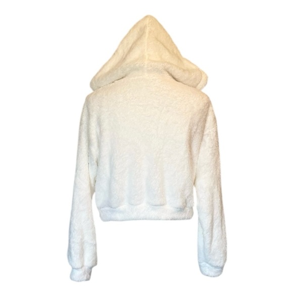 White Hooded Super Soft Cropped Teddy Zip Up Jacket Women’s Small - Picture 8 of 14